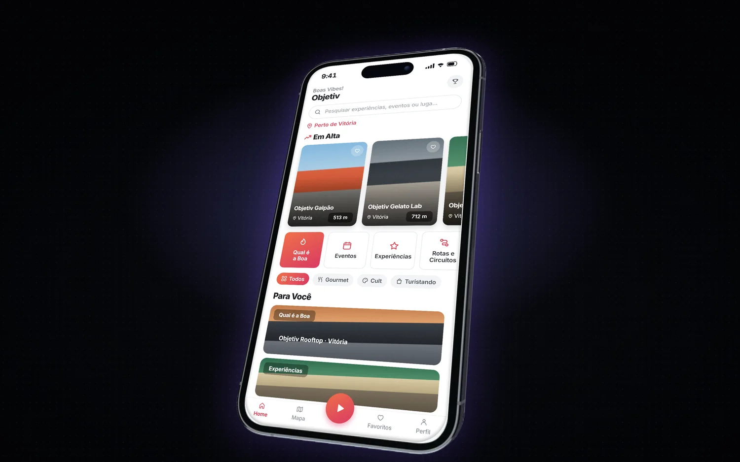 Vibes — aplicativo do turista aberto num iPhone, tela de descobrir