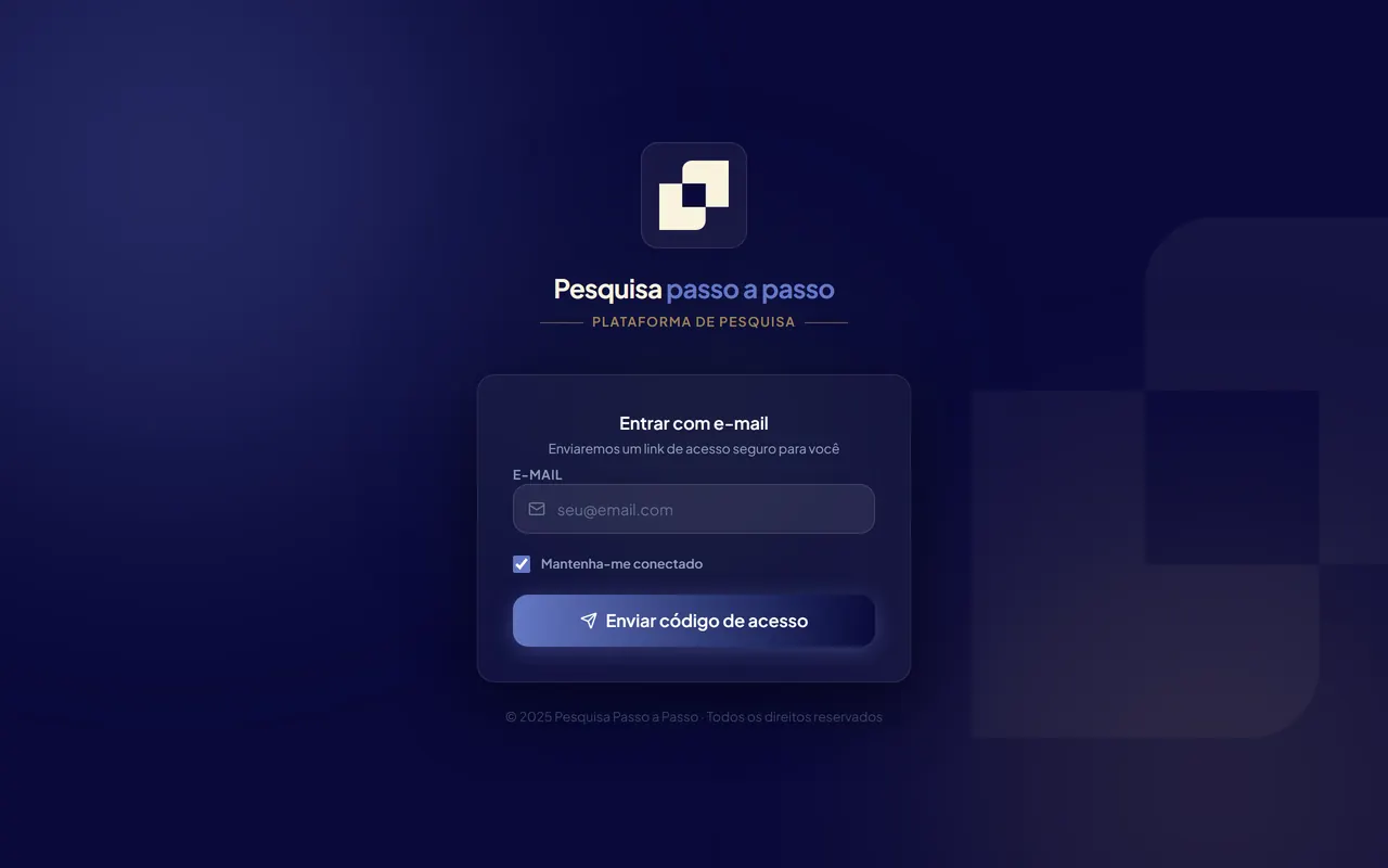 Pesquisa Passo a Passo — tela de entrada por código no e-mail