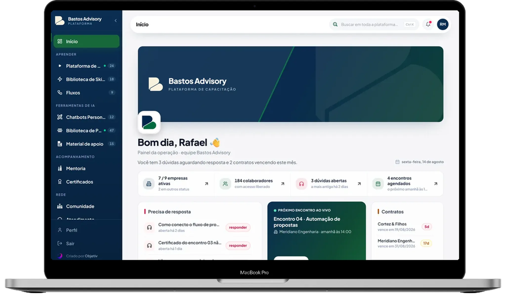 Bastos Advisory — painel da operação da consultoria, aberto num MacBook
