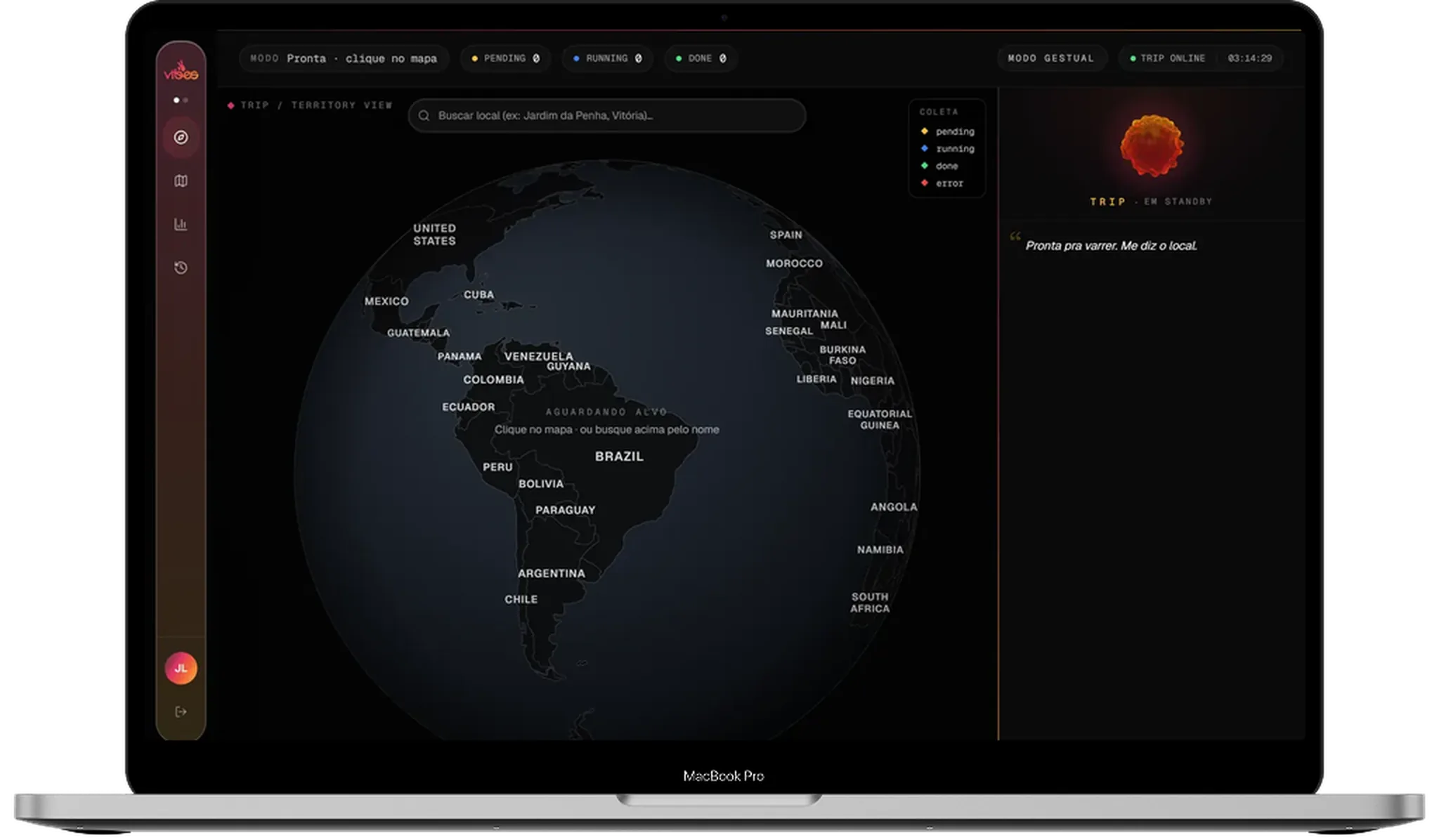 Vibes TRIP Control — varredura territorial aguardando alvo, aberta num MacBook