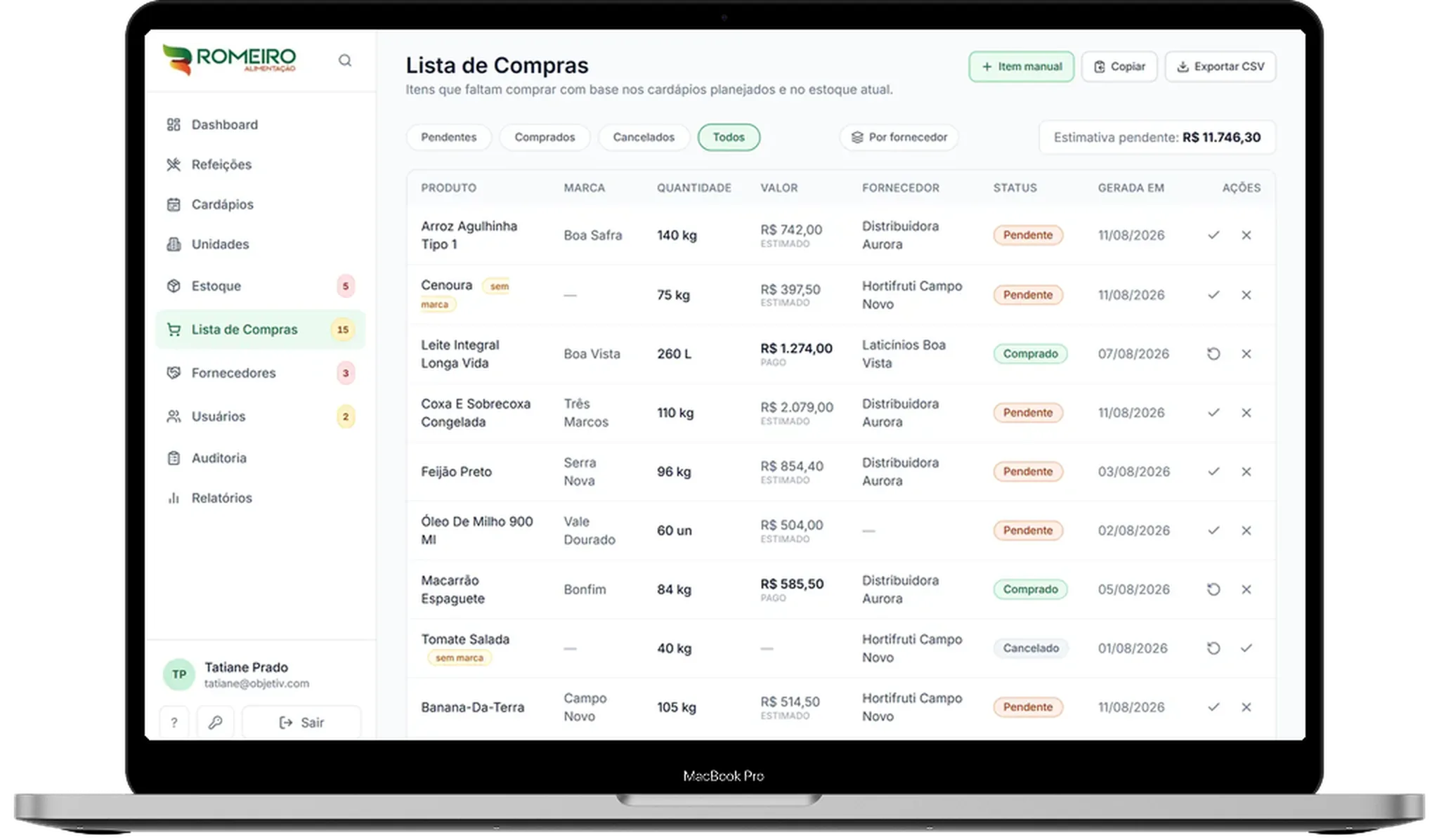 Romeiro — lista de compras por fornecedor, aberta num MacBook