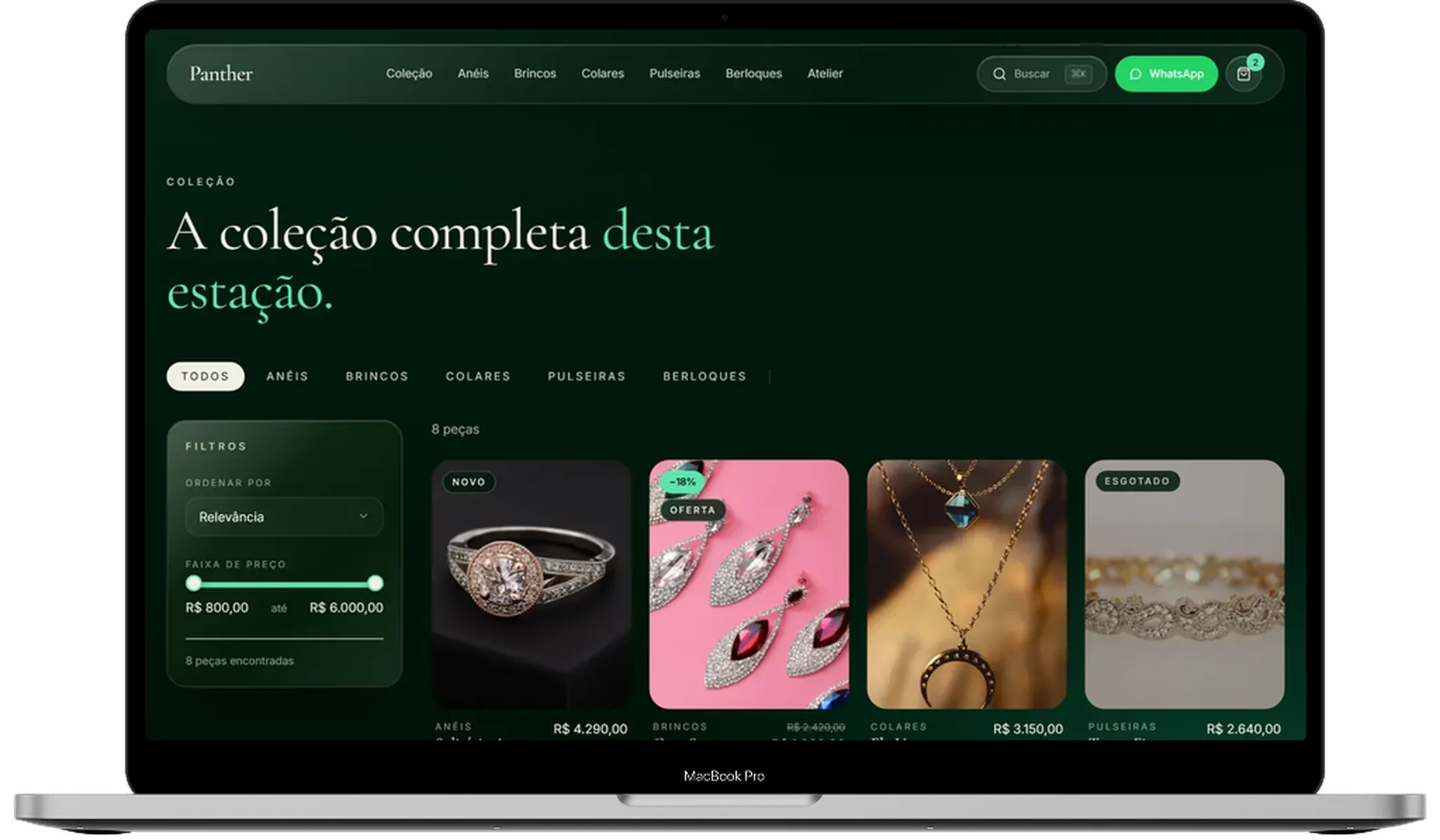 Panther Jewelry — a coleção da estação na vitrine, aberta num MacBook